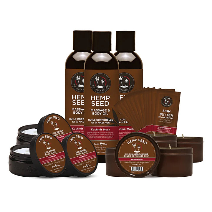 Hemp Seed New Fragrance Prepack in Kashmir Musk | 3 of each Skin Butter, Massage Oil, Massage Candle